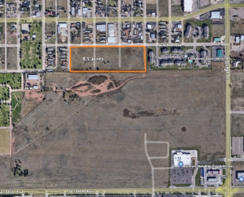 google satellite image with lot outlined in orange that says 8.5 acres